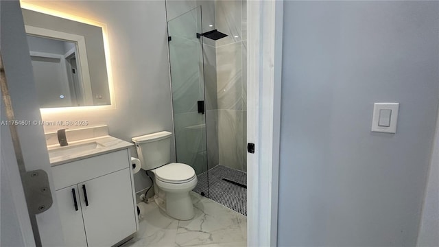 full bath with marble finish floor, vanity, toilet, and walk in shower