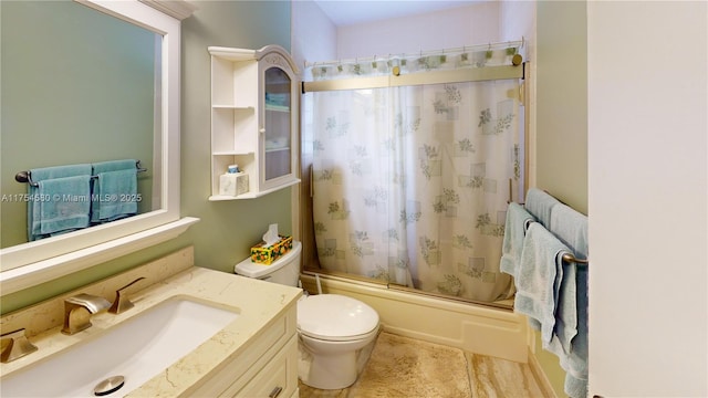 bathroom with tile patterned flooring, shower / bathtub combination with curtain, toilet, and vanity