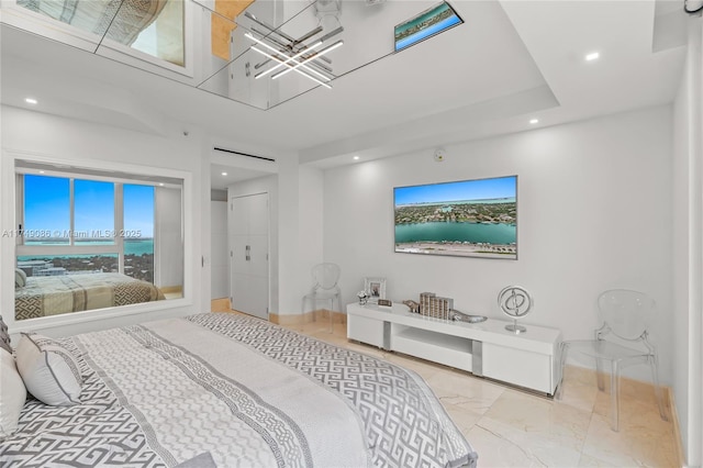 bedroom featuring marble finish floor, multiple windows, baseboards, and recessed lighting