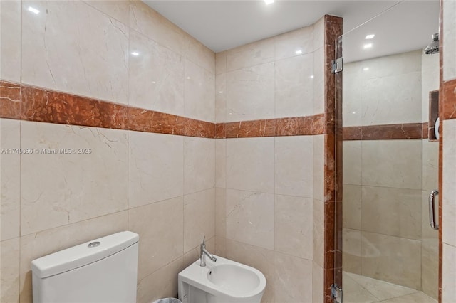 full bathroom with toilet, a bidet, a shower stall, and tile walls