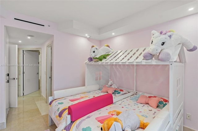 bedroom with recessed lighting, visible vents, and tile patterned floors