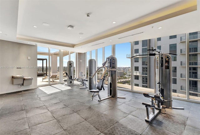 1010 SW 2nd Ave Unit Lph05, Miami, FL 33130 - gym with a tray ceiling, a wall of windows, and a city view