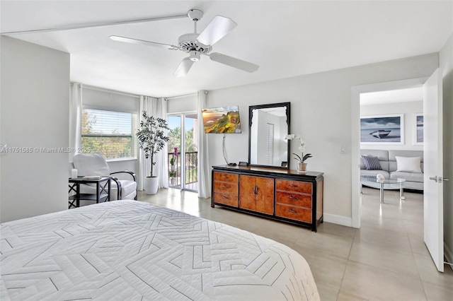 bedroom with access to outside, ceiling fan, baseboards, and light tile patterned floors