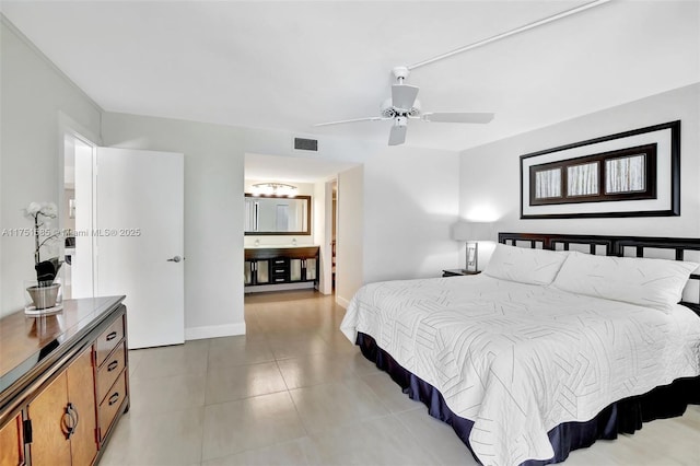 bedroom with light tile patterned floors, baseboards, visible vents, ceiling fan, and ensuite bathroom