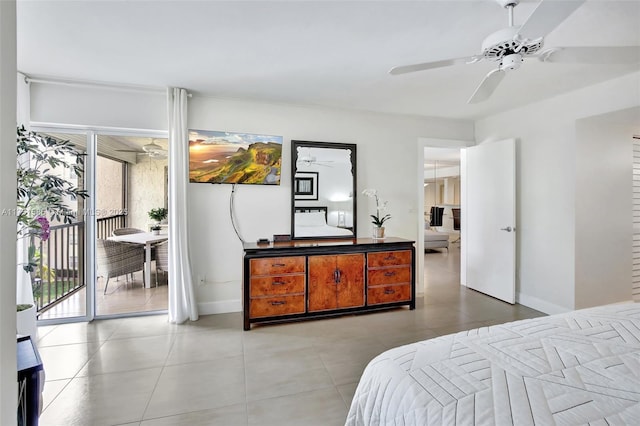 bedroom featuring access to outside, light tile patterned flooring, a ceiling fan, and baseboards