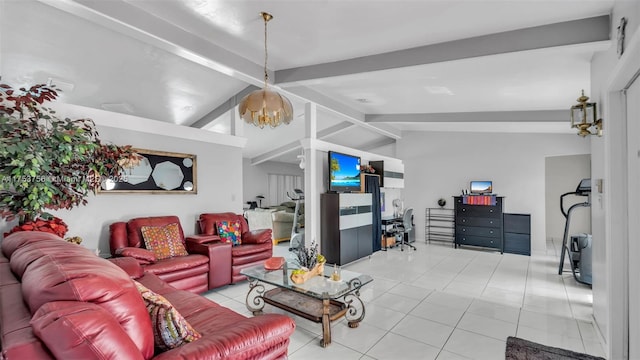 tiled living room featuring a notable chandelier and vaulted ceiling with beams