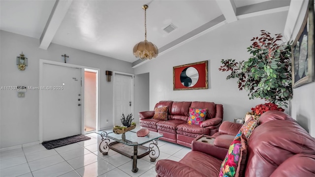 living area featuring light tile patterned floors, visible vents, vaulted ceiling with beams, and an inviting chandelier