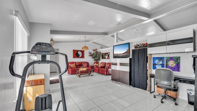 office featuring tile patterned flooring and lofted ceiling with beams