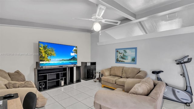 living room with lofted ceiling with beams, a ceiling fan, and light tile patterned flooring