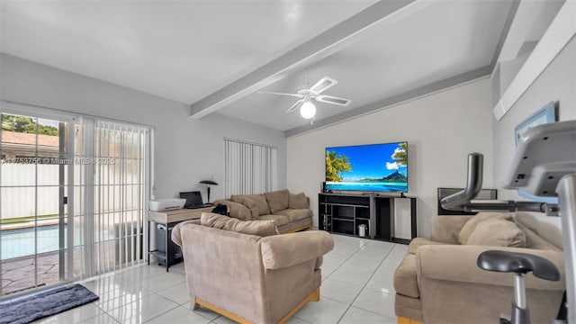 living room with light tile patterned flooring, vaulted ceiling with beams, and ceiling fan