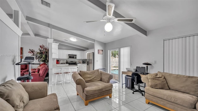 living area with ceiling fan, visible vents, vaulted ceiling with beams, and light tile patterned floors