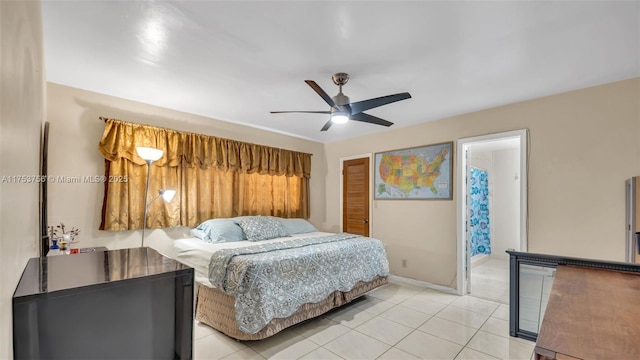 bedroom with light tile patterned floors and ceiling fan