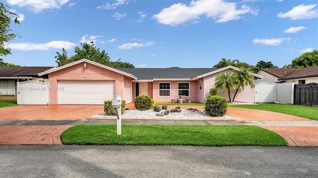 single story home featuring an attached garage, decorative driveway, a gate, stucco siding, and a front yard