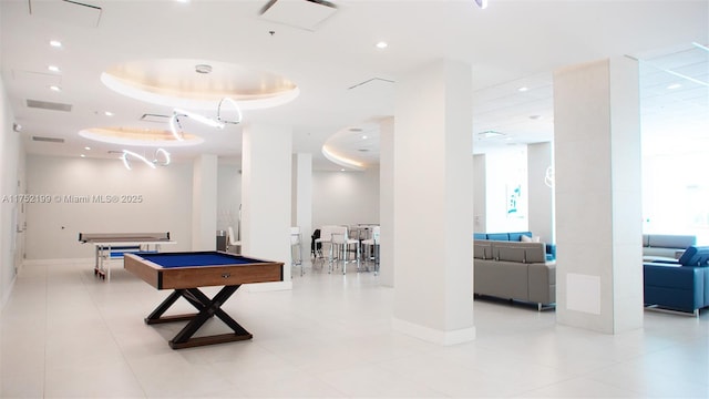 rec room with recessed lighting, visible vents, baseboards, and tile patterned floors