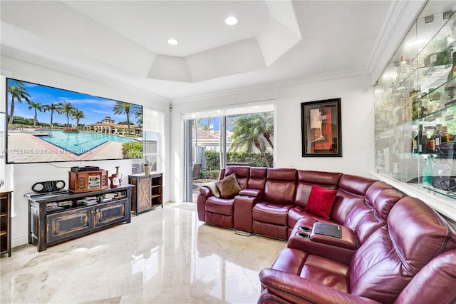1468 Mariner Way, Hollywood, FL 33019 - living room featuring a tray ceiling, marble tiled floors, and ornamental molding