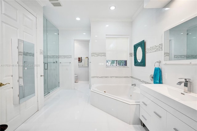 1468 Mariner Way, Hollywood, FL 33019 - bathroom featuring a whirlpool tub, a shower stall, vanity, crown molding, and tile patterned floors