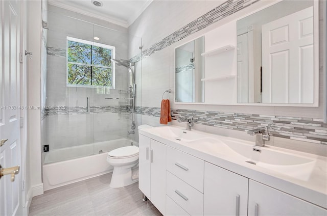 1468 Mariner Way, Hollywood, FL 33019 - full bathroom featuring ornamental molding, double vanity, enclosed tub / shower combo, and tasteful backsplash