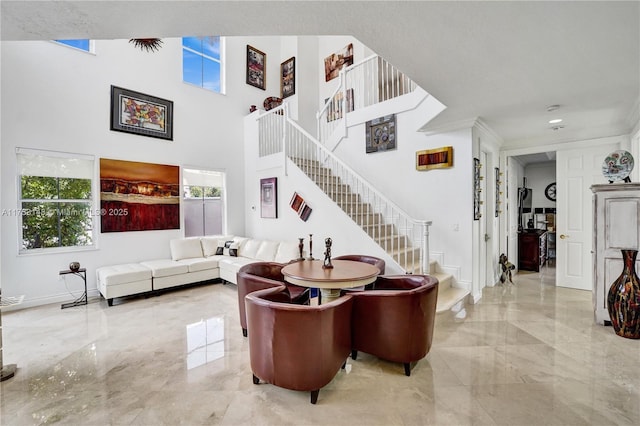 1468 Mariner Way, Hollywood, FL 33019 - living room featuring marble tiled flooring, stairs, and a high ceiling