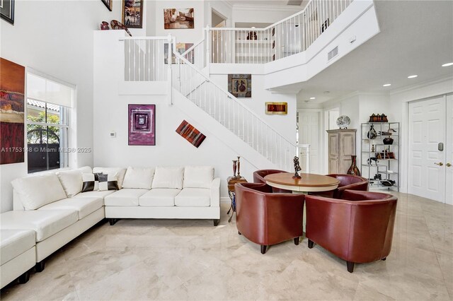 1468 Mariner Way, Hollywood, FL 33019 - living area featuring a towering ceiling, stairway, crown molding, marble tiled floors, and recessed lighting