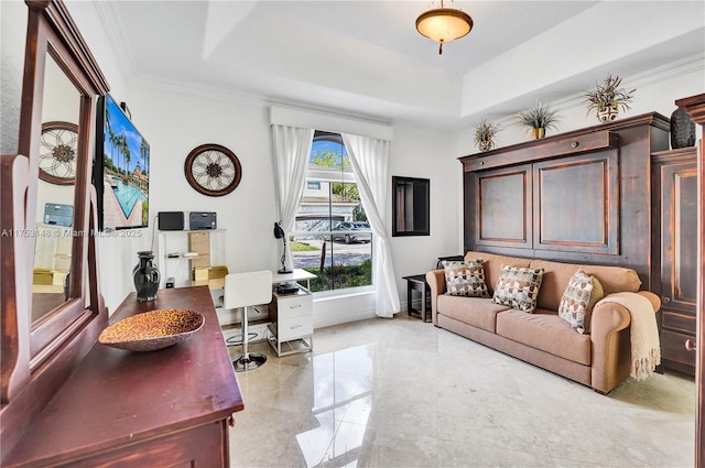 1468 Mariner Way, Hollywood, FL 33019 - office area featuring a raised ceiling, ornamental molding, and light marble finish flooring