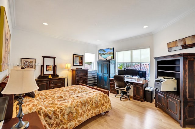 1468 Mariner Way, Hollywood, FL 33019 - bedroom with light wood-style flooring, ornamental molding, recessed lighting, and an office area