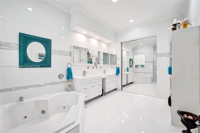 1468 Mariner Way, Hollywood, FL 33019 - full bath with crown molding, a jetted tub, vanity, tile patterned flooring, and recessed lighting