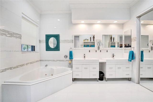 1468 Mariner Way, Hollywood, FL 33019 - full bathroom with ornamental molding, a jetted tub, two vanities, and tile patterned floors