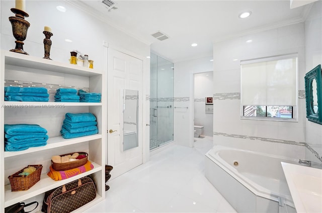 1468 Mariner Way, Hollywood, FL 33019 - full bath with a jetted tub, a shower stall, ornamental molding, tile patterned floors, and recessed lighting