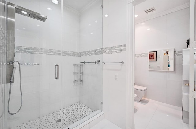 1468 Mariner Way, Hollywood, FL 33019 - full bathroom featuring ornamental molding, a shower stall, a bidet, and tile patterned flooring