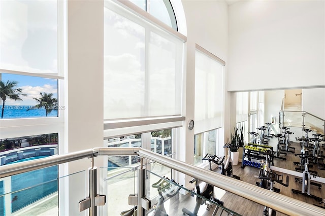 interior space featuring a towering ceiling and wood finished floors