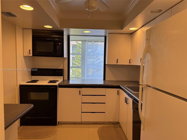 851 Three Islands Blvd Unit 411, Hallandale Beach, FL 33009 - kitchen featuring black appliances, crown molding, white cabinets, dark countertops, and recessed lighting