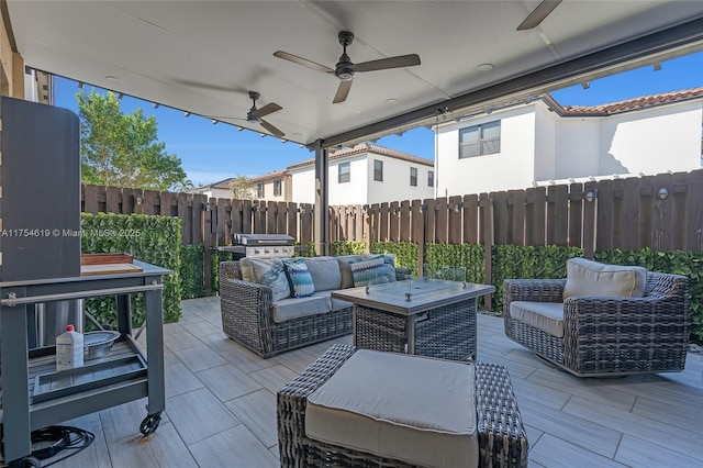 25340 SW 116th Ave, Homestead, FL 33032 - view of patio / terrace with a grill, fence, an outdoor living space, and a ceiling fan