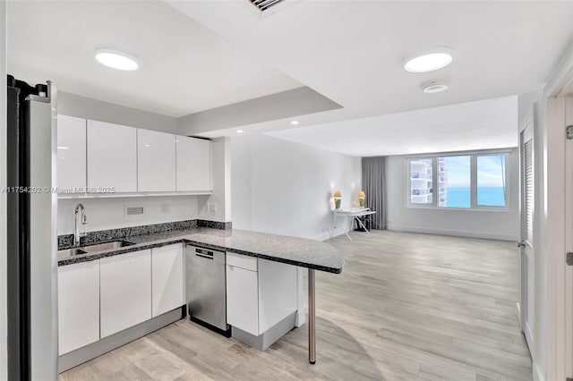 kitchen with open floor plan, white cabinetry, a sink, and a peninsula