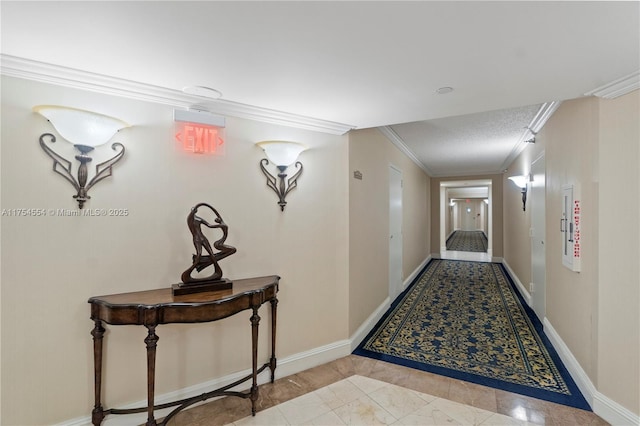3530 Mystic Pointe Dr Unit 1508, Aventura, FL 33180 - hallway with a textured ceiling, baseboards, and crown molding