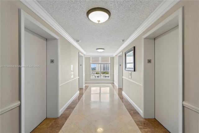 3530 Mystic Pointe Dr Unit 1508, Aventura, FL 33180 - hall featuring crown molding, a decorative wall, a textured ceiling, and elevator