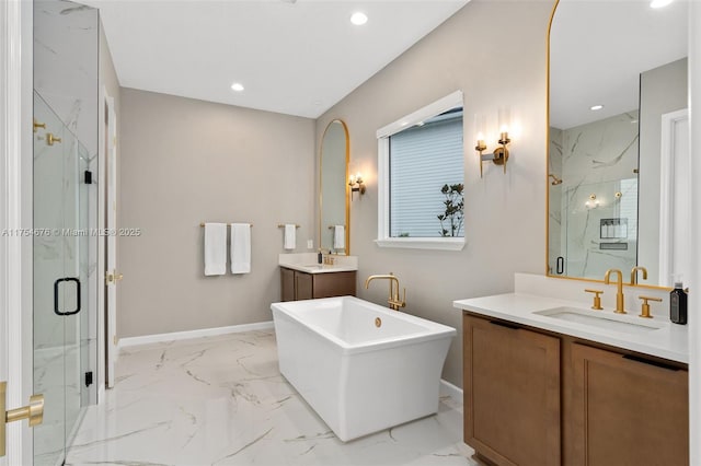 full bathroom with marble finish floor, a marble finish shower, a sink, and recessed lighting