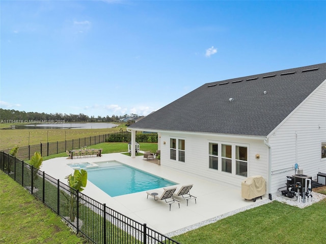 view of pool featuring a fenced in pool, a patio area, a fenced backyard, and a lawn