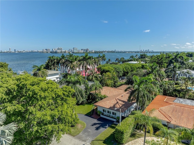 drone / aerial view featuring a city view and a water view