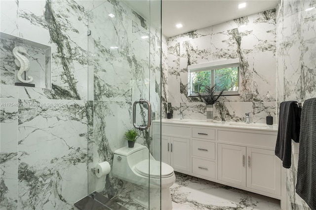 bathroom with a sink, toilet, marble finish floor, and double vanity