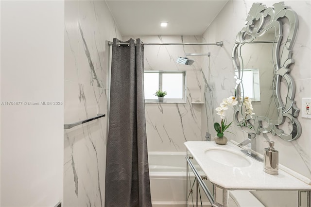 bathroom featuring shower / tub combo, visible vents, and vanity