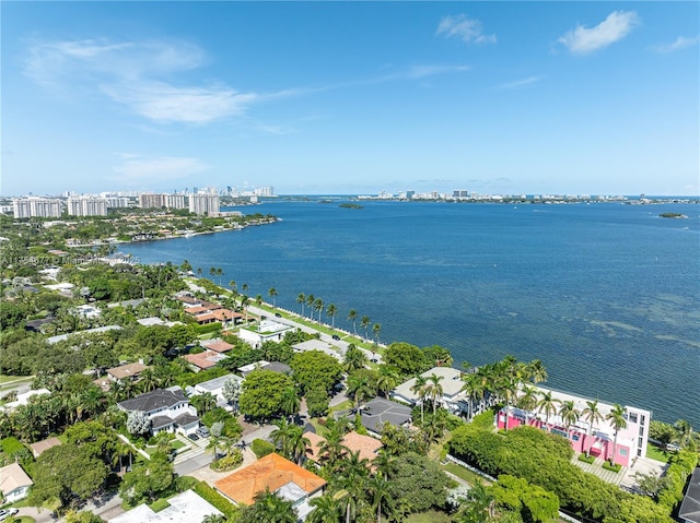 bird's eye view featuring a water view and a city view