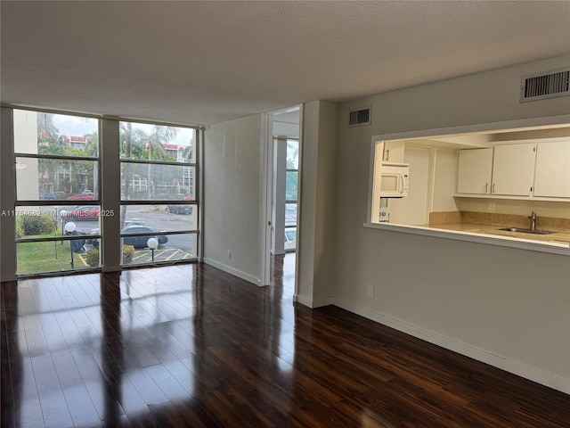 851 Three Islands Blvd Unit 218, Hallandale Beach, FL 33009 - unfurnished living room with dark wood-style flooring, a sink, expansive windows, and baseboards