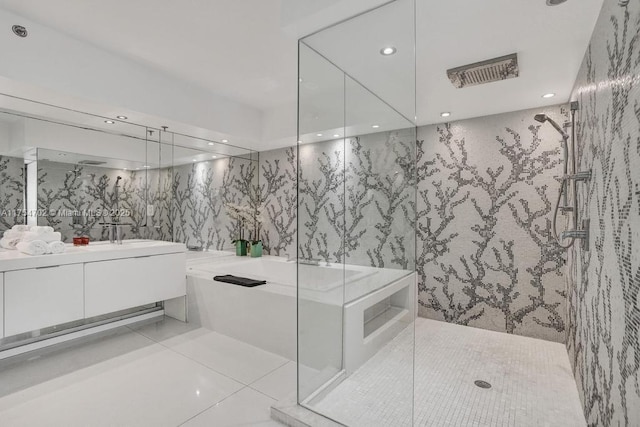 full bath with a garden tub, recessed lighting, vanity, tile patterned floors, and walk in shower