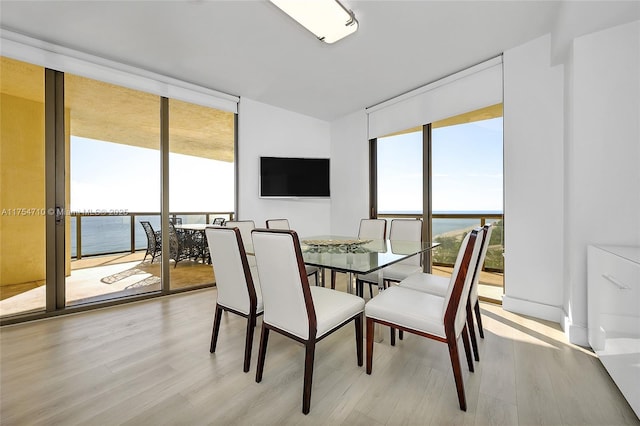 dining area with expansive windows, light wood finished floors, and plenty of natural light