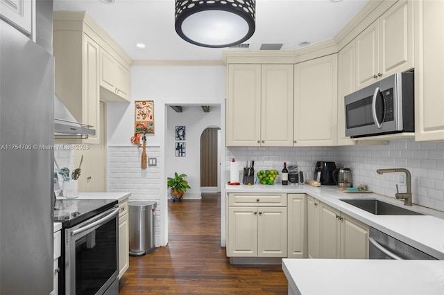 kitchen featuring backsplash, stainless steel appliances, dark wood-type flooring, and a sink