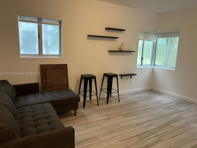 sitting room featuring wood finished floors, a wealth of natural light, and baseboards