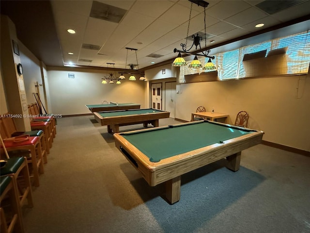 recreation room with a paneled ceiling, recessed lighting, carpet floors, pool table, and baseboards