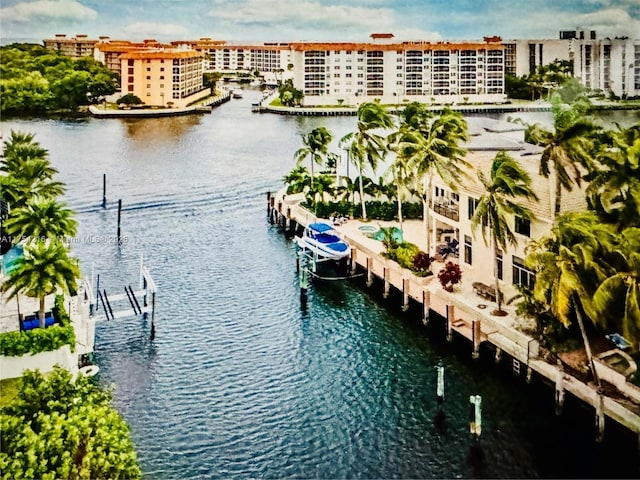 view of water feature with a dock