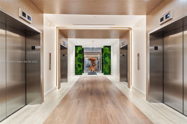 hallway featuring light wood-type flooring and elevator