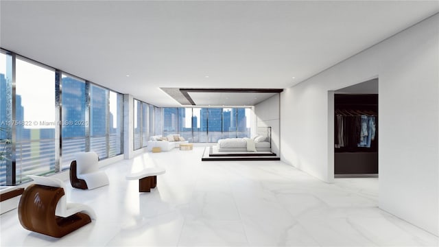 living room with marble finish floor and floor to ceiling windows